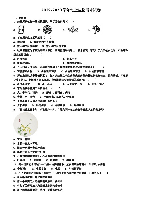 【9份试卷合集】南京市名校2019-2020学年生物七上期末监测模拟试题