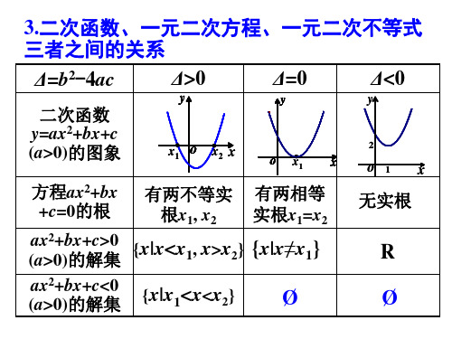 二次函数、一元二次方程、一元二次不等式三者之间的关系 高中数学必修一 总复习课件