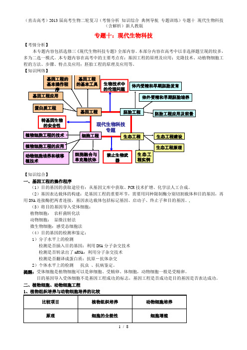 (直击高考)高考生物二轮复习(考情分析 知识综合 典例导航 专题训练)专题十 现代生物科技(含解析)新人