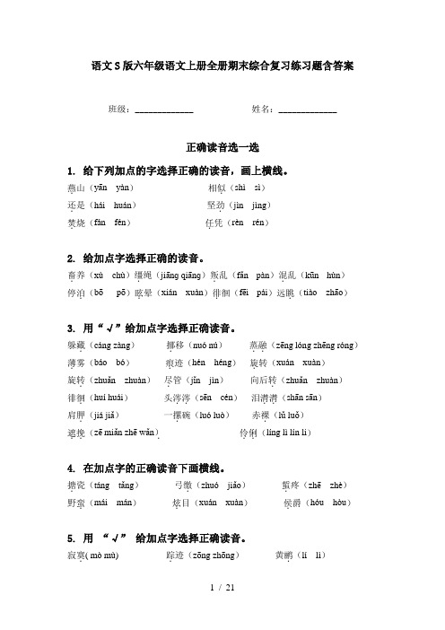 语文S版六年级语文上册全册期末综合复习练习题含答案