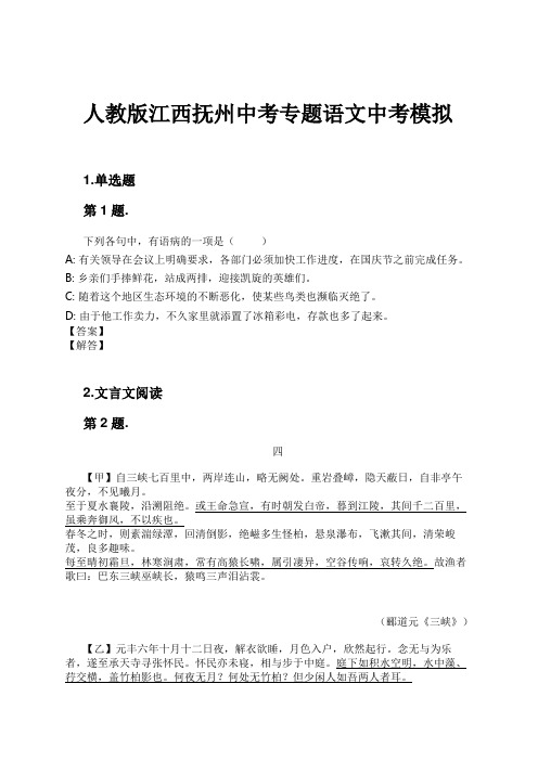 人教版江西抚州中考专题语文中考模拟试卷及解析