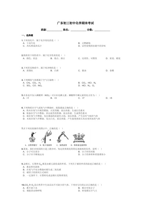 广东初三初中化学期末考试带答案解析
