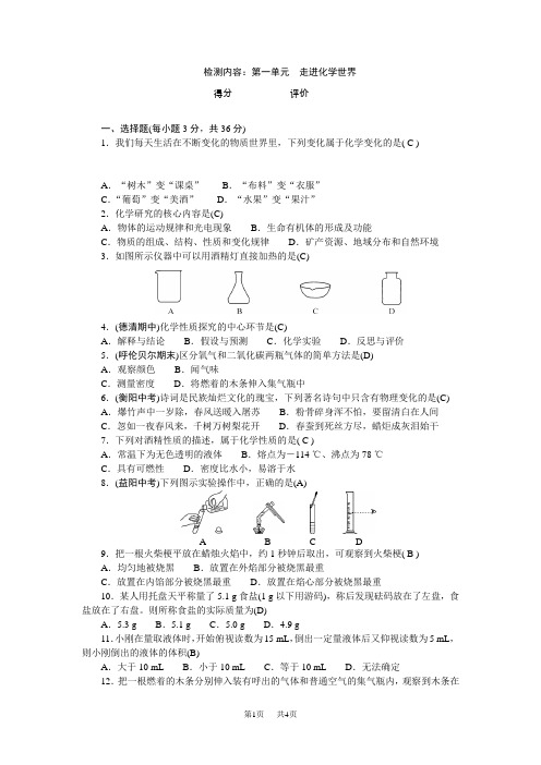 人教版九年级化学上册单元清 检测内容：第一单元 走进化学世界