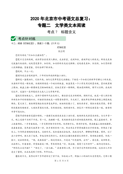 2020年北京市中考语文总复习：文学类文本阅读考点针对练考点7