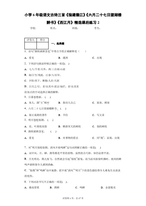 小学6年级语文古诗三首《宿建德江》《六月二十七日望湖楼醉书》《西江月》精选课后练习2(含答案)