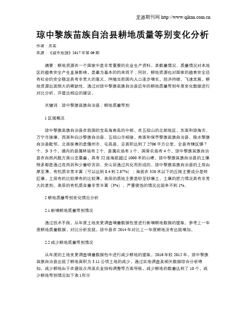 琼中黎族苗族自治县耕地质量等别变化分析