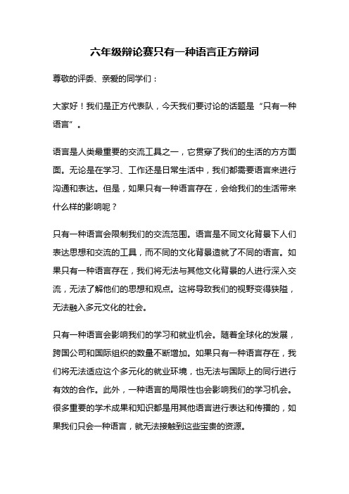 六年级辩论赛只有一种语言正方辩词