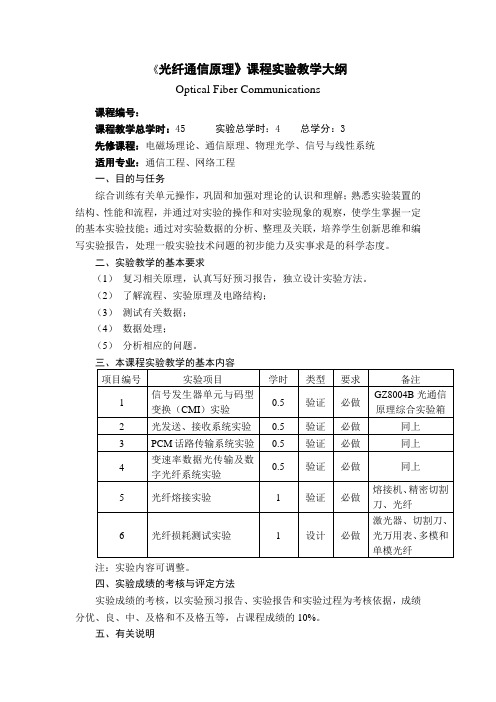 《光纤通信原理》课程实验教学大纲