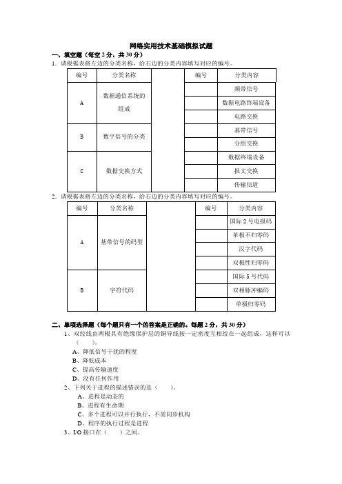 网络实用技术基础模拟试题及答案