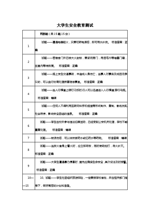 大学生安全教育测试相关习题