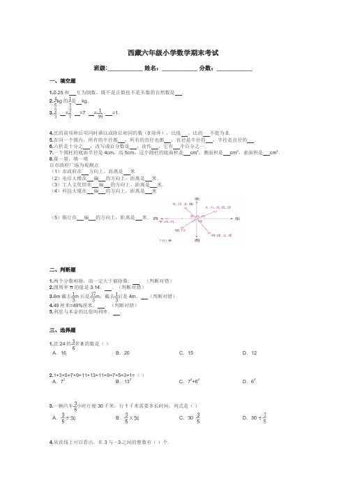 西藏六年级小学数学期末考试带答案解析
