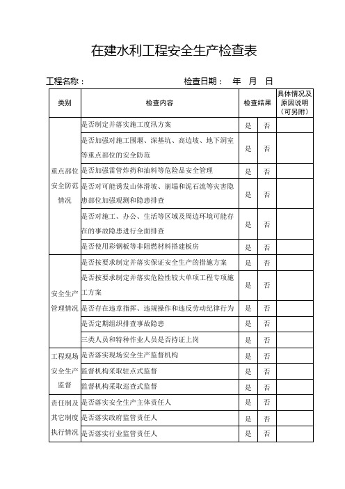 在建水利工程安全生产检查表【模板】