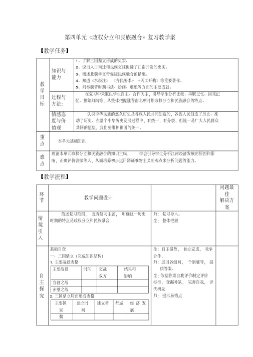 【推荐下载】七年级历史上册第四单元《政权分立和民族融合》复习教学案人教新课标版