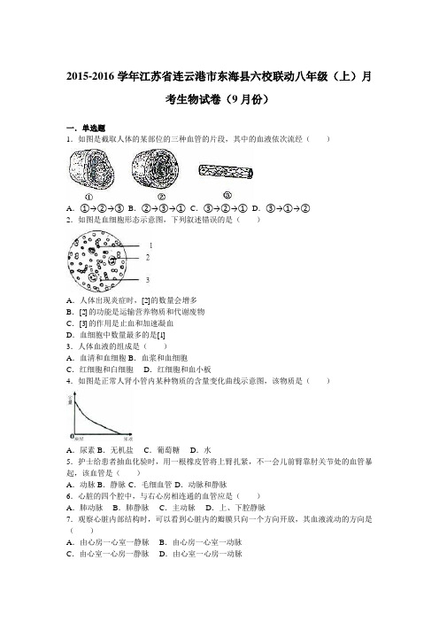 江苏省连云港市东海县六校联动2015-2016学年八年级(上)月考生物试卷(9月份)(解析版)