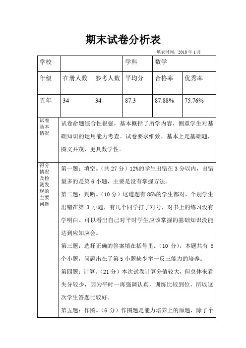 五年级数学期末试卷分析表