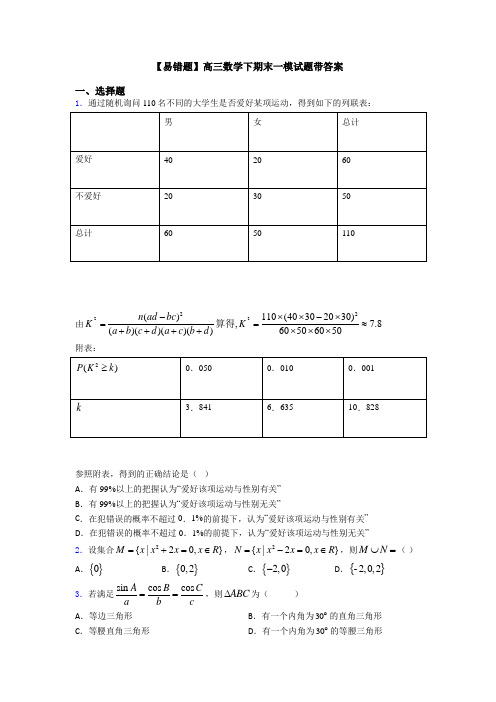 【易错题】高三数学下期末一模试题带答案