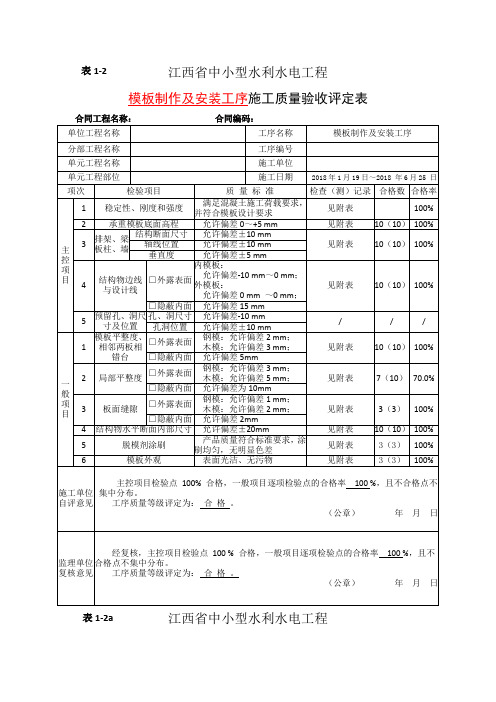 水利水电模板制作及安装工序施工质量验收评定表