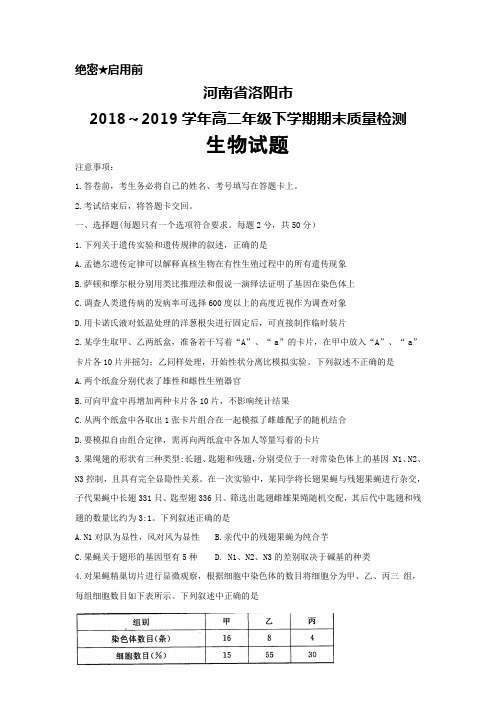 2018～2019学年河南省洛阳市高二下学期期末质量检测生物试题