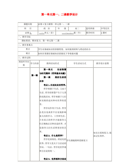 四川省宜宾市一中2017-2018学年高二政治下学期第12周 第一单元第一、二课教学设计