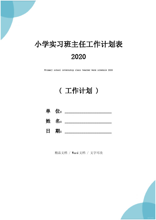 小学实习班主任工作计划表2020