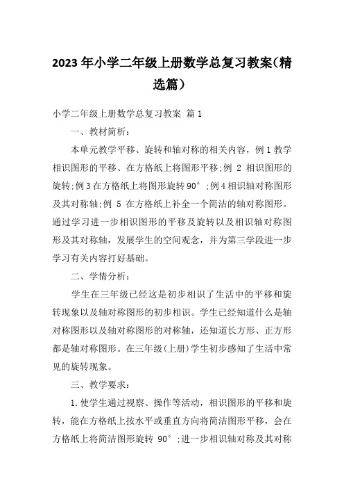 2023年小学二年级上册数学总复习教案(精选篇)