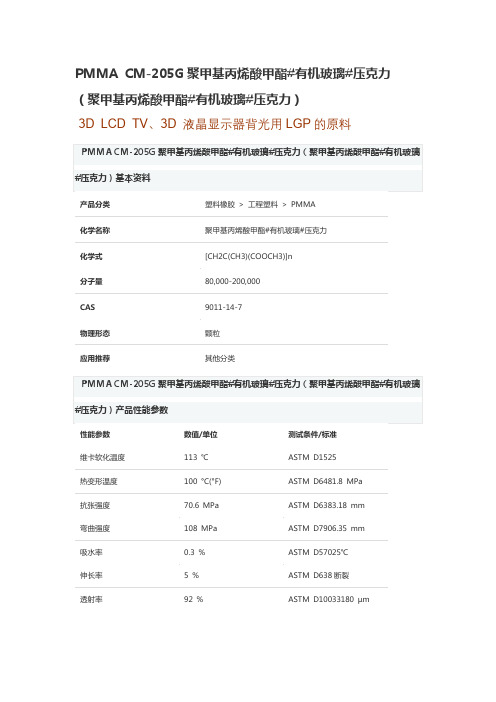 亚克力PMMA CM-205G物质参数表