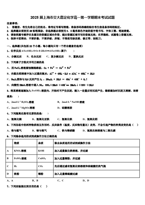 2025届上海市交大嘉定化学高一第一学期期末考试试题含解析