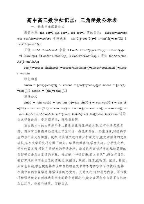 高中高三数学知识点：三角函数公示表