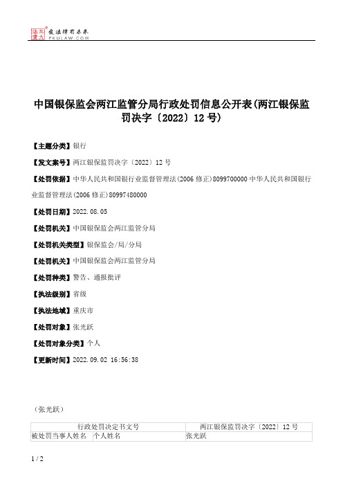 中国银保监会两江监管分局行政处罚信息公开表(两江银保监罚决字〔2022〕12号)