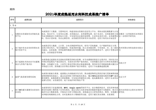 2021年度成熟适用水利科技成果推广清单