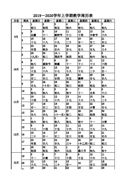 2019-2020学年度学校实用周历表(含农历)