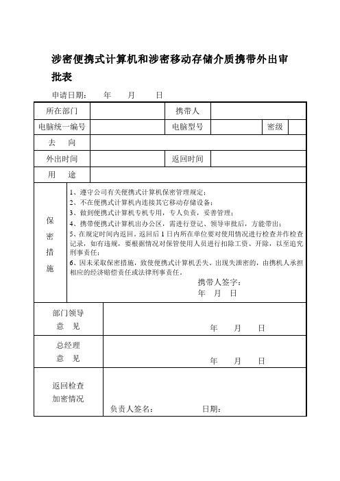 涉密文件外出携带审批表