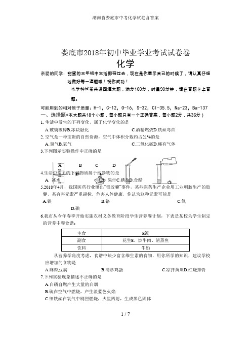 湖南省娄底市中考化学试卷含答案