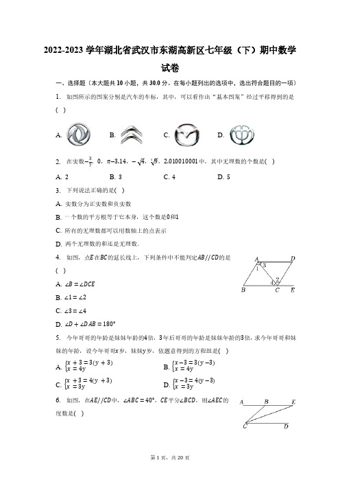 2022-2023学年湖北省武汉市东湖高新区七年级(下)期中数学试卷(含解析)