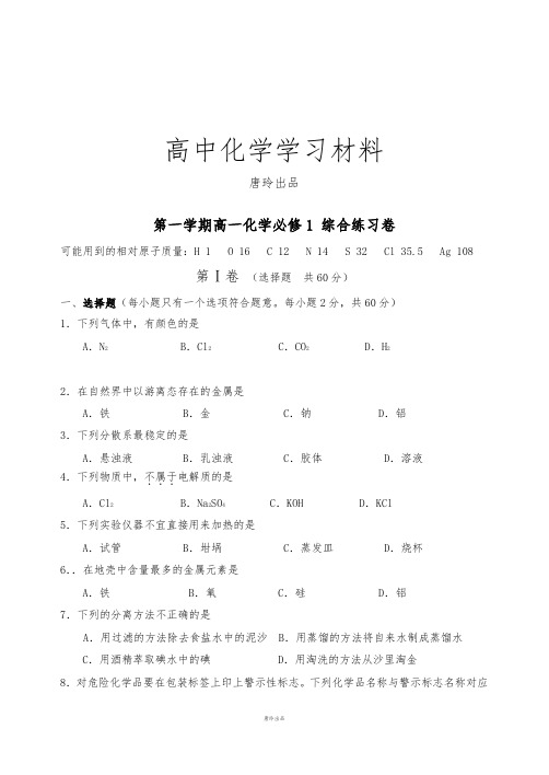 人教版高中化学必修一第一学期高一化学必修1 综合练习卷.docx