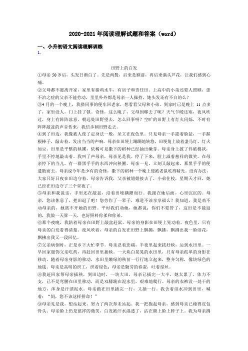 小升初2020-2021年阅读理解试题和答案(word)