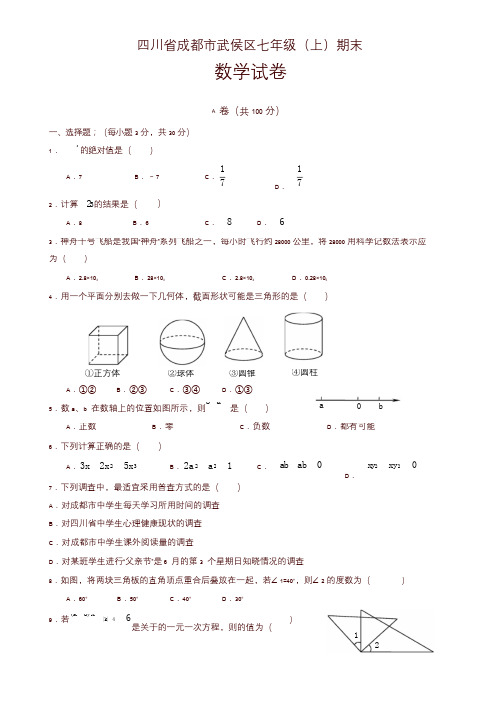 2019-2020年四川省成都市武侯区七年级上册期末数学试题有答案