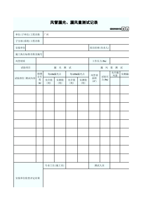 风管漏光、漏风量测试记录