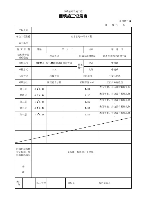 雨水管道 回填施工记录表-第一~五层 市政施-48 填写范例