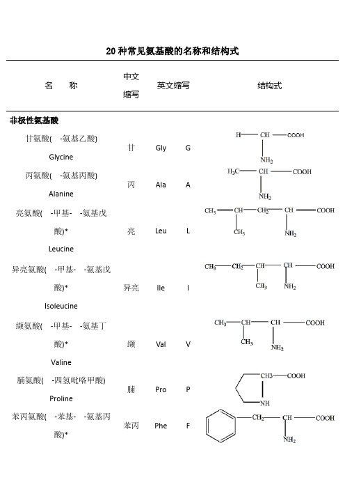 二十种氨基酸结构式