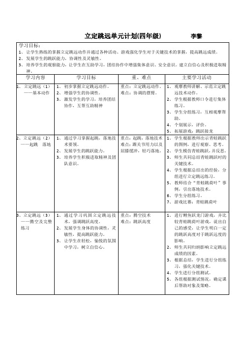 小学体育《立定跳远》单元计划及课时学案