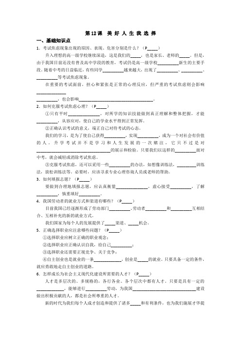 山东人民版思想品德九年级第12课美好人生我选择中考复习导学练习案