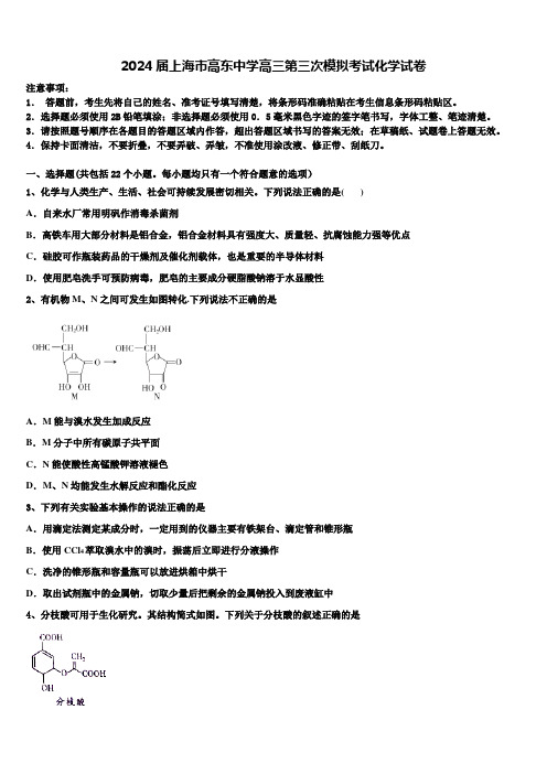 2024届上海市高东中学高三第三次模拟考试化学试卷含解析