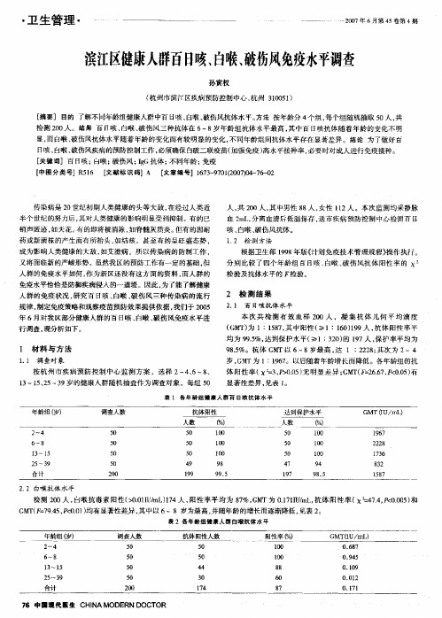 滨江区健康人群百日咳、白喉、破伤风免疫水平调查