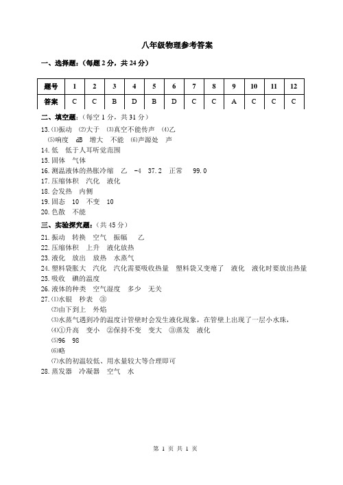 2012-2013上学期扬州武坚中学八年级物理期中试卷参考答案