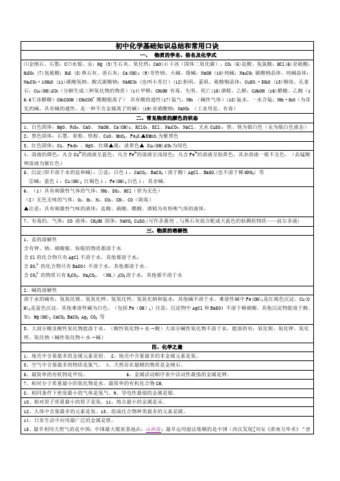 初中 化学基础知识总结和常用口诀