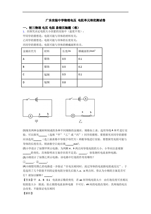 广东实验中学物理电压 电阻单元培优测试卷