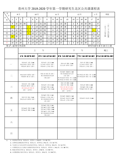 贵州大学2019-2020学年第一学期研究生北区公共课课程表