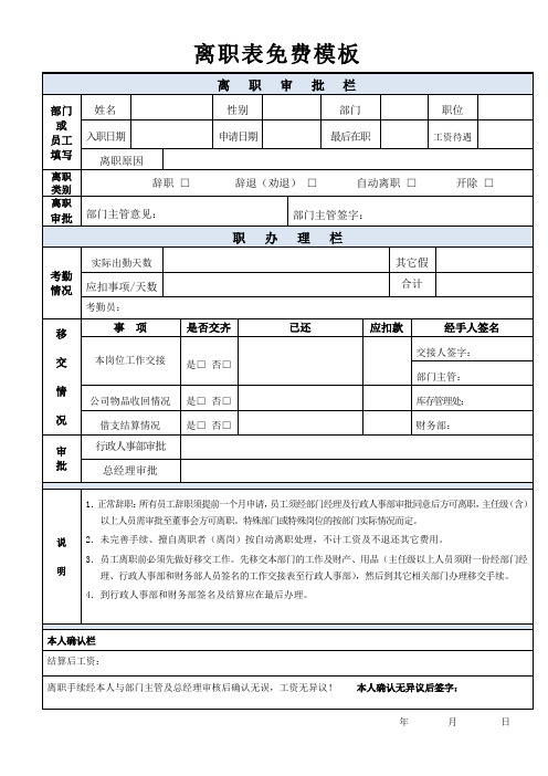 员工离职表免费模板