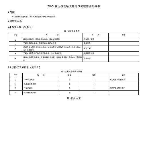 22kV变压器现场大修电气试验作业指导书.doc